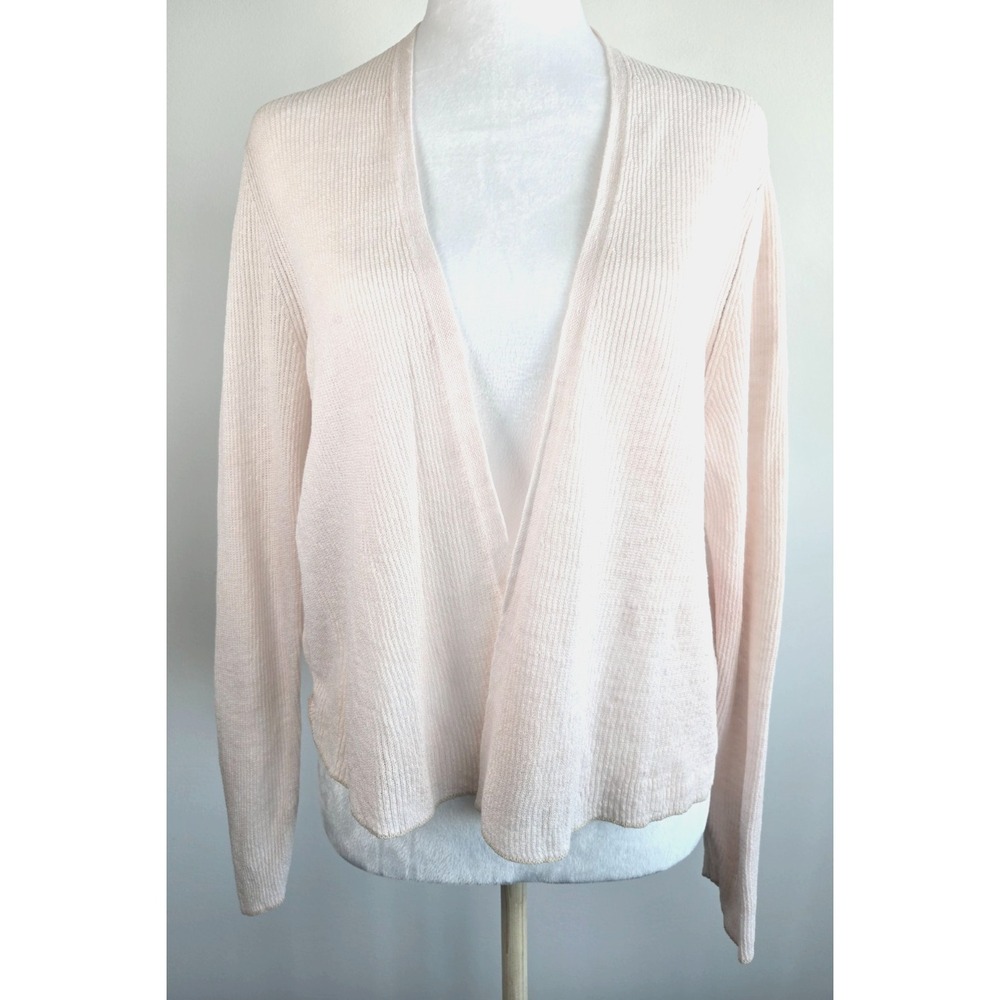 Eileen Fisher Open Front Cardigan Pastel Pink Linen Cotton Knit Long Sleeves